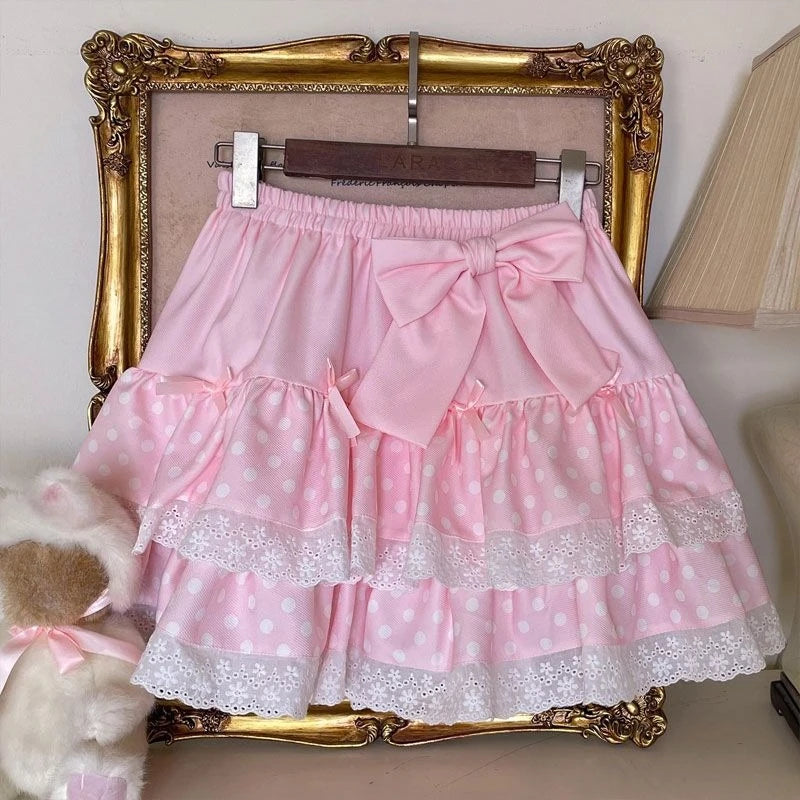 Japanese Sweet Lolita Tiered Mini Skirt Gingham Bow Lace Trim Blue Beige Harajuku Subculture Sweet Kawaii Party Outfit Sweetwear