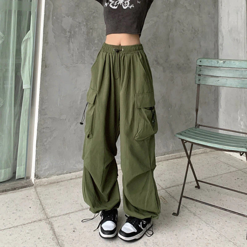 Chic Matching Loose Women's Wide Leg Pants Elastic Waist Drawstring Patchwork Straight Leg Pant Casual Streetwear New Sportswear