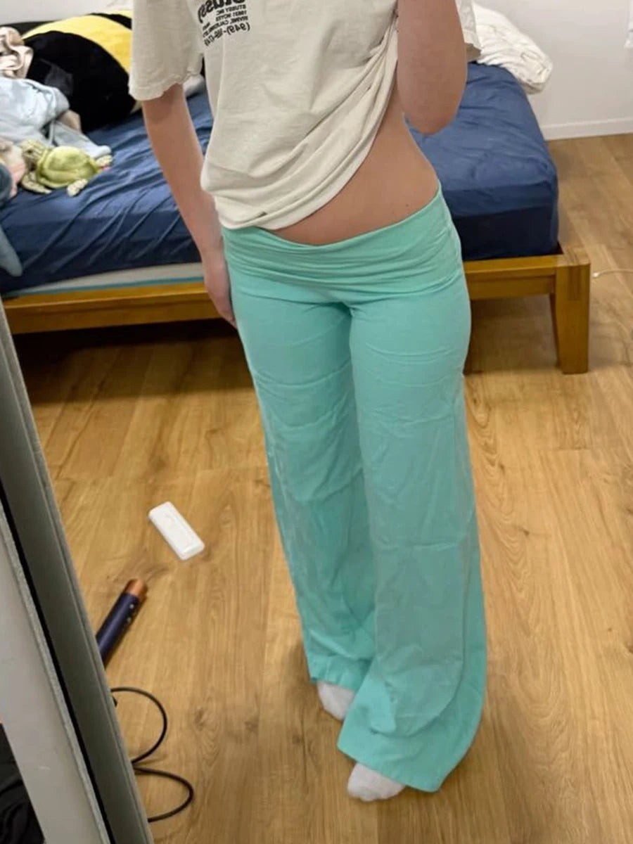 Mint Green Foldover Straight Pants Women Summer Low Waist Cotton Trousers Casual Sweet Girl Preppy Style New Sport Yoga Pants