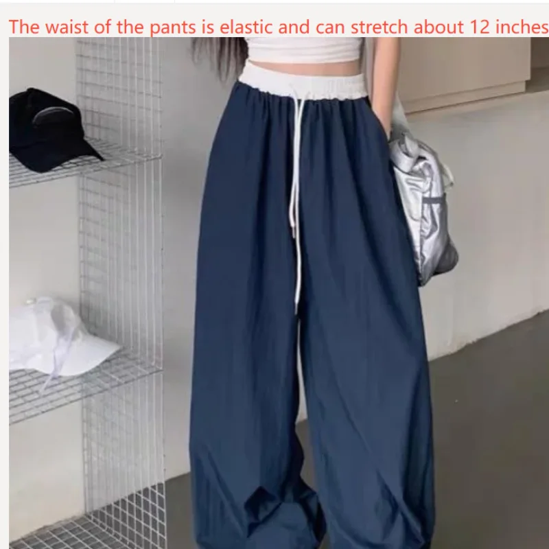 Chic Matching Loose Women's Wide Leg Pants Elastic Waist Drawstring Patchwork Straight Leg Pant Casual Streetwear New Sportswear
