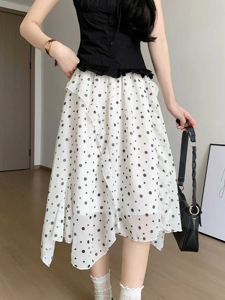 Fashion Irregular Polka Dot Midi Skirt Women Summer Thin High Waist Chiffon Skirts Woman Korean Style White Ruffled A-line Skirt
