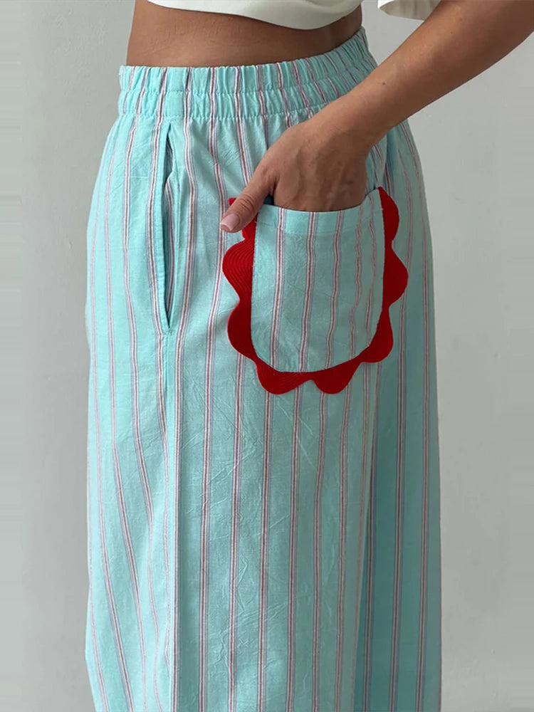 Casual Wavy Hem Women's Pant Striped Elastic Waist Big Pocket Wide Leg Pants 2026 Summer Autumn Fashion Female Trousers Bottoms