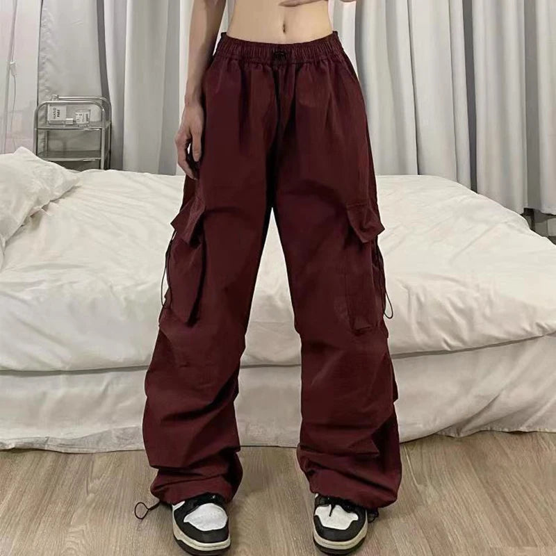 Chic Matching Loose Women's Wide Leg Pants Elastic Waist Drawstring Patchwork Straight Leg Pant Casual Streetwear New Sportswear