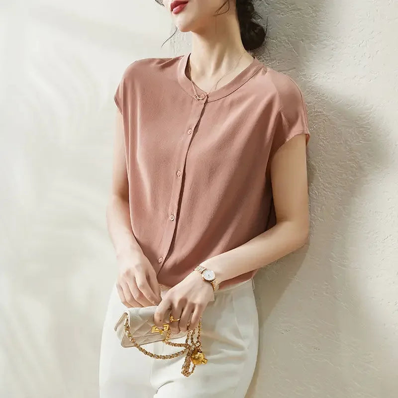 Office Lady Button Simplicity Shirt Tops Short Sleeve Thin Solid Loose Elegant Blouse Summer New Fashion Vintage Women Clothing