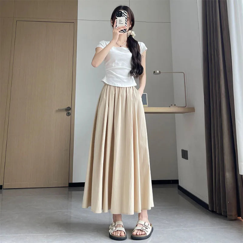 Long Skirt for Women 2026 Summer Casual Elastic High Waist A-line Skirts Female Solid Color Versatile Loose Pockets Midi Skirts