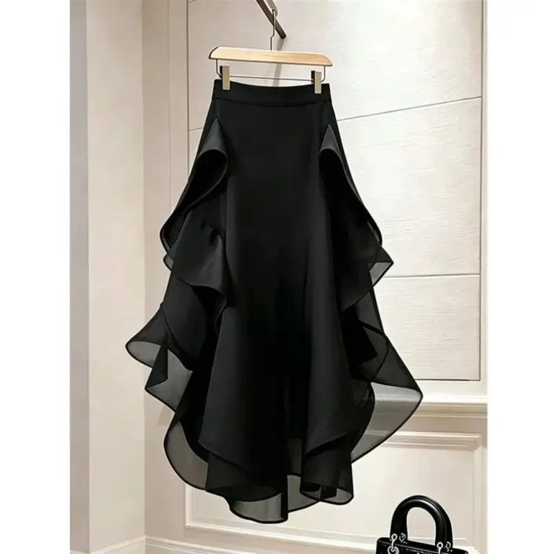 Limiguyue French Retro A-line Mesh Midi Black Skirt Women Summer Trendy Formal Thin High Waist Ruffle Edge Irregular Skirts 099B