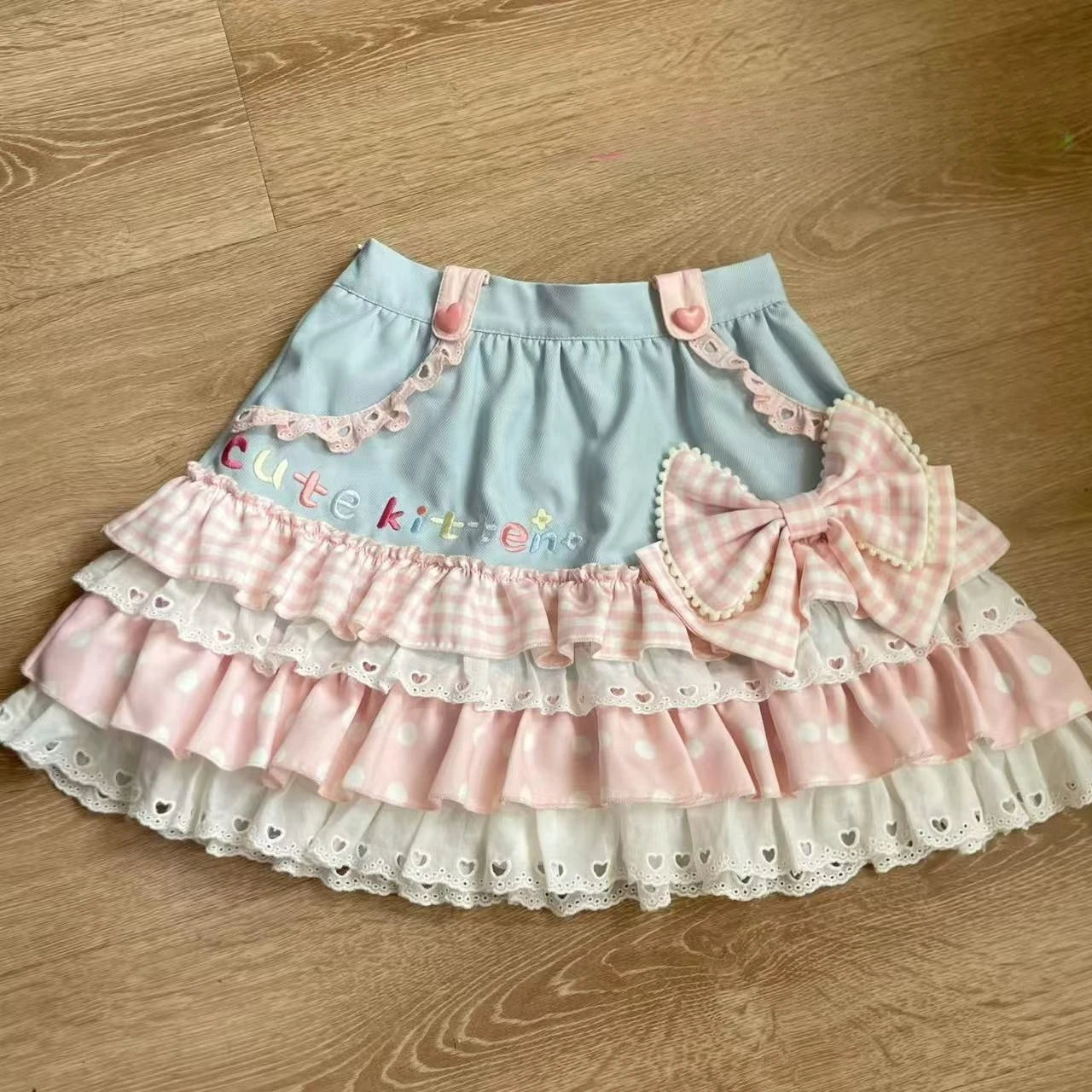 Japanese Sweet Lolita Tiered Mini Skirt Gingham Bow Lace Trim Blue Beige Harajuku Subculture Sweet Kawaii Party Outfit Sweetwear