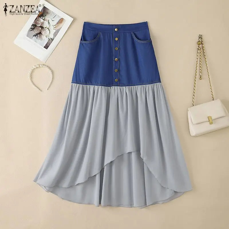 Stylish Women Patchwork Skirt ZANZEA Asymmetrical Overskirt Casual Elastic Waist Baggy Jupe OL Work Faldas Saia Maxi Long Skirt