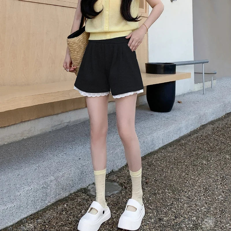 Fashion Lace Patchwork Summer Shorts Women 2025 Chic High Waist Wide Leg Sport Shorts Woman Pocket A Line Short Pants Female