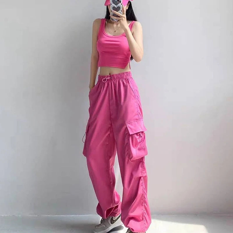 Chic Matching Loose Women's Wide Leg Pants Elastic Waist Drawstring Patchwork Straight Leg Pant Casual Streetwear New Sportswear