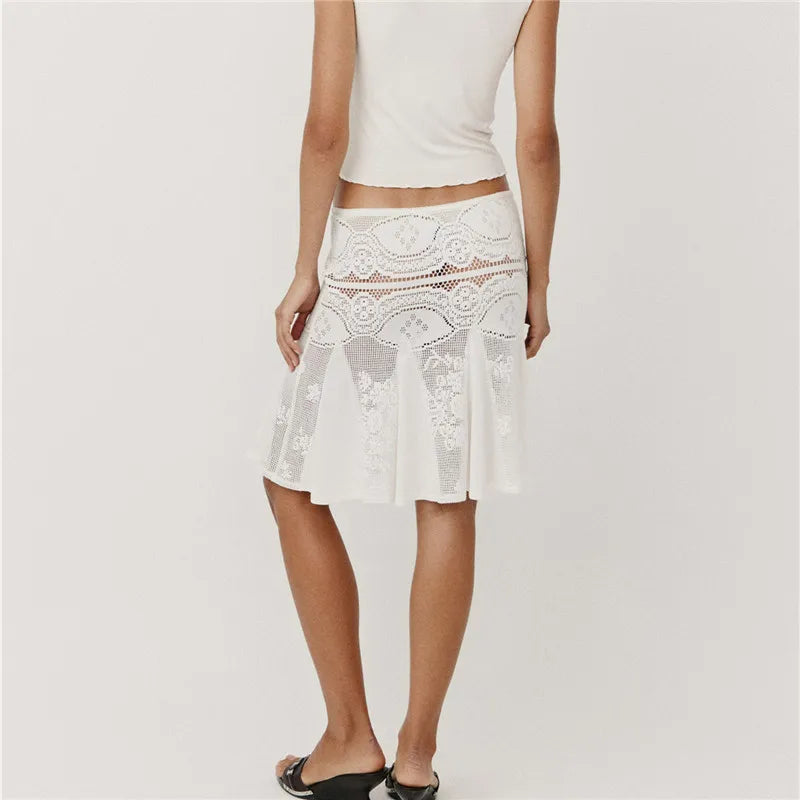 Women Y2K Crochet Lace Midi Skirt Low Waist Hollow Out Floral Mesh See Through Flared Ruffle Hem Skirt Summer Beach Vacation