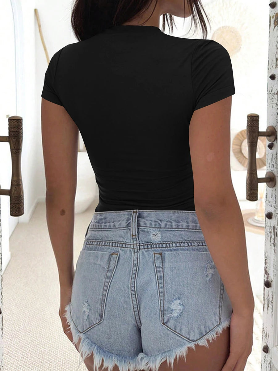 Sexy Deep U Neck T Shirts For Women Summer Short Sleeve Bodycon Slim Fit Tops Basic Solid Color Casual Streetwear Y2K Tee