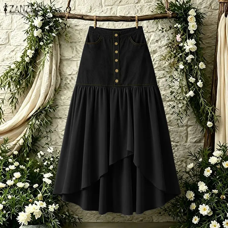 Stylish Women Patchwork Skirt ZANZEA Asymmetrical Overskirt Casual Elastic Waist Baggy Jupe OL Work Faldas Saia Maxi Long Skirt