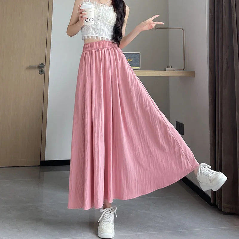 Long Skirt for Women 2026 Summer Casual Elastic High Waist A-line Skirts Female Solid Color Versatile Loose Pockets Midi Skirts