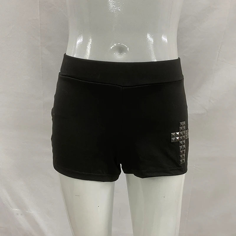 American Gothic Cross Rhinestone Decoration Low Waist Sexy Hot Pants Summer Casual Street Shorts Aesthetic Simple Slim Minipants