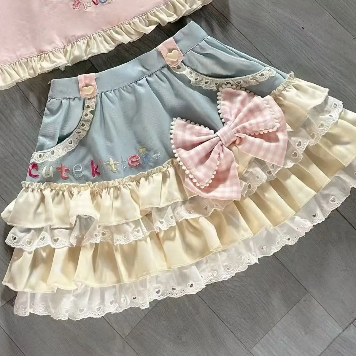 Japanese Sweet Lolita Tiered Mini Skirt Gingham Bow Lace Trim Blue Beige Harajuku Subculture Sweet Kawaii Party Outfit Sweetwear