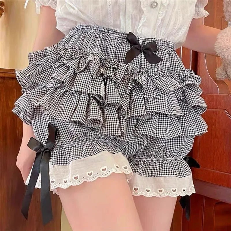 Gingham Bloomer Shorts Women Black White Plaid Pumpkin Shorts with Ribbon Bow Heart Eyelet Ruffle Skort Shorts Lolita Coquette