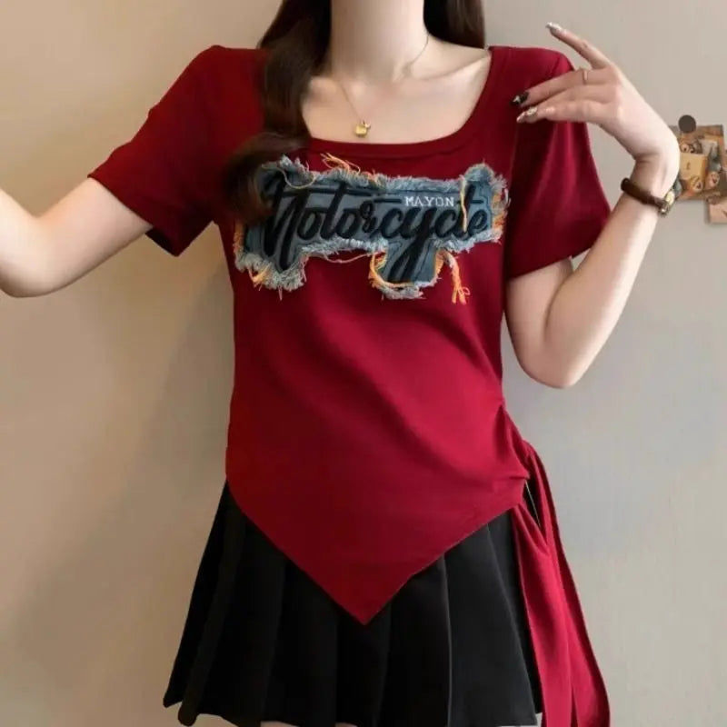 Summer Irregular Patchwork Contrast Letter Trend Tops Short Sleeve Plus Size High Street T Shirts Fashion Casual Women Clothing