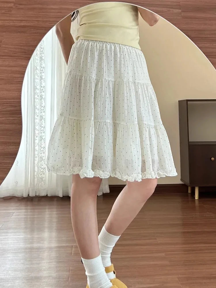 Chiffon Dot Sweet Skirt Women High Waist Fashion Elegant Midi Skirts Summer Female Preppy Style Cute Ruffles Chic A Line Skirt