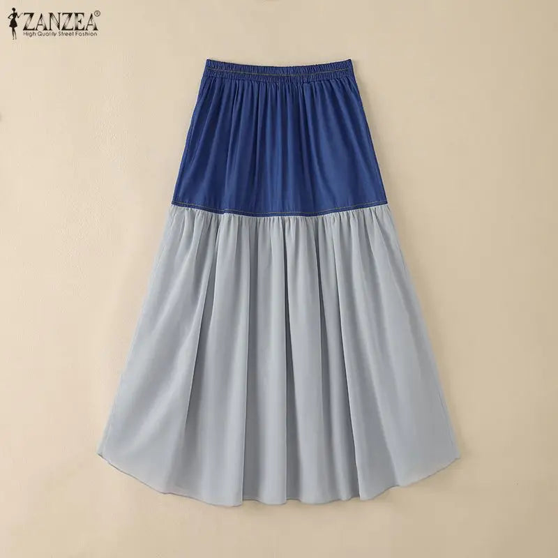 Stylish Women Patchwork Skirt ZANZEA Asymmetrical Overskirt Casual Elastic Waist Baggy Jupe OL Work Faldas Saia Maxi Long Skirt
