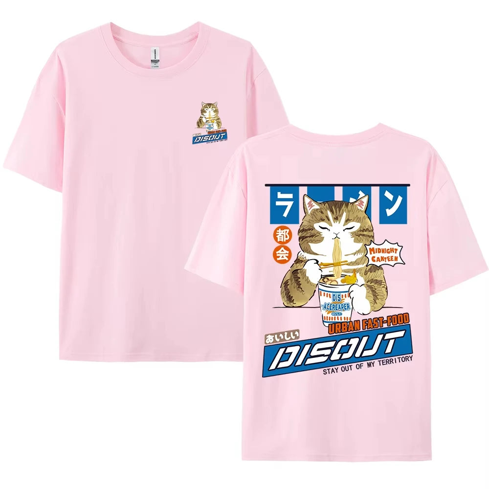 Harajuku Cat Cartoon Eating Noodles Graphic Men Women T - Shirts Casual Short Sleeve Tees Japan Style Oversized T Shirt Clothing