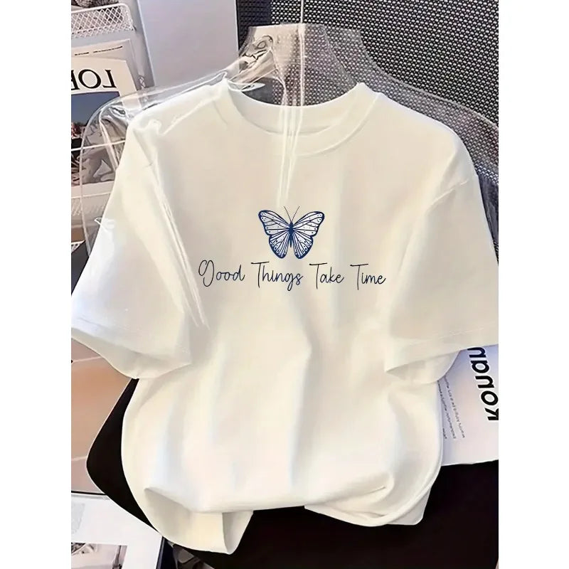 Women Round Neck Butterfly Print Short Sleeved T-shirt Casual Summer Regular Daily Casual Comfortable Women Fashionable T-shirt