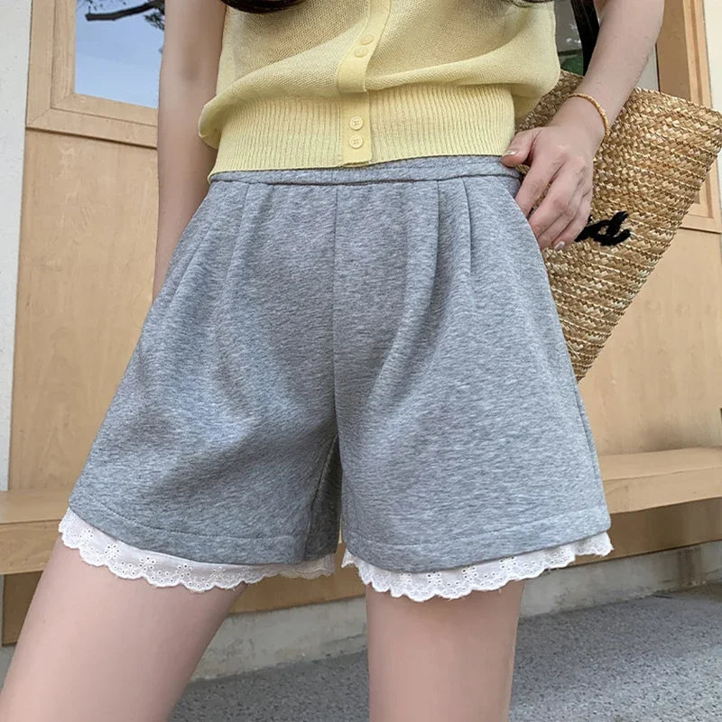 Fashion Lace Patchwork Summer Shorts Women 2025 Chic High Waist Wide Leg Sport Shorts Woman Pocket A Line Short Pants Female