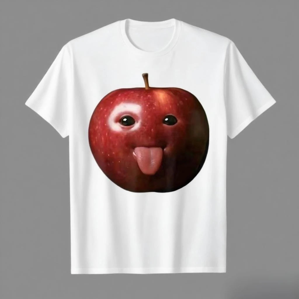 Funny Silly AI Apple Gen Z Meme BrainRot Humor Tongue Out T-shirt for Women T Shirts Crewneck Short Sleeve Tops Women Clothing