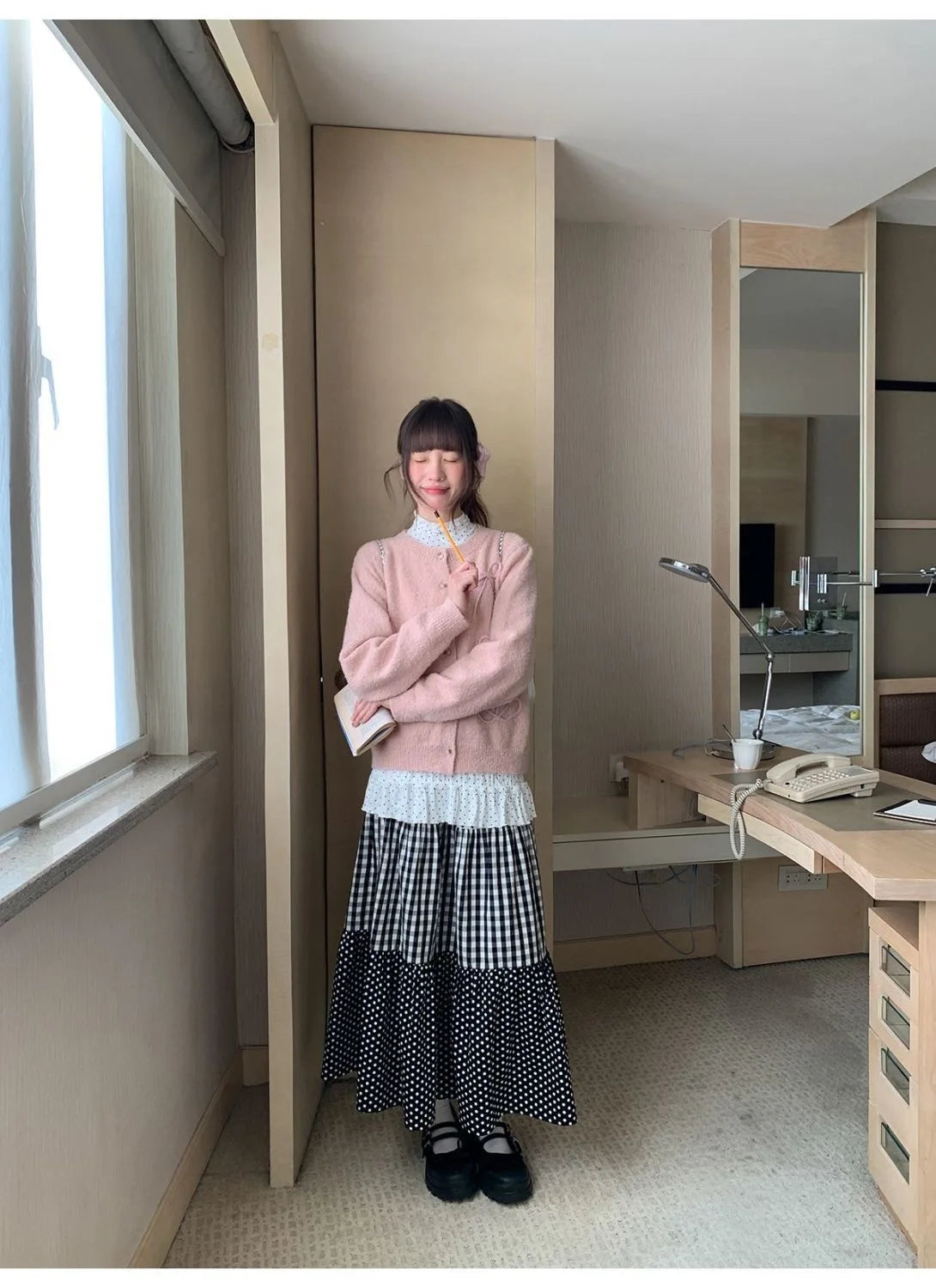 Women Patchwork Maxi Skirt Polka Dot Plaid Tiered Long Skirt Casual Loose High Waist A Line Flowy Beach Vacation Skirts