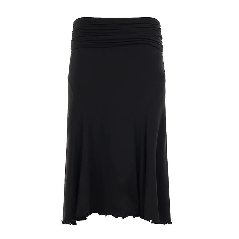 Basic Solid Mermaid Hem Skirts Slim Black Folds Low-Waisted Midi Skirts Women 2025 Summer Fashion Streetwear Lady Party Bottoms