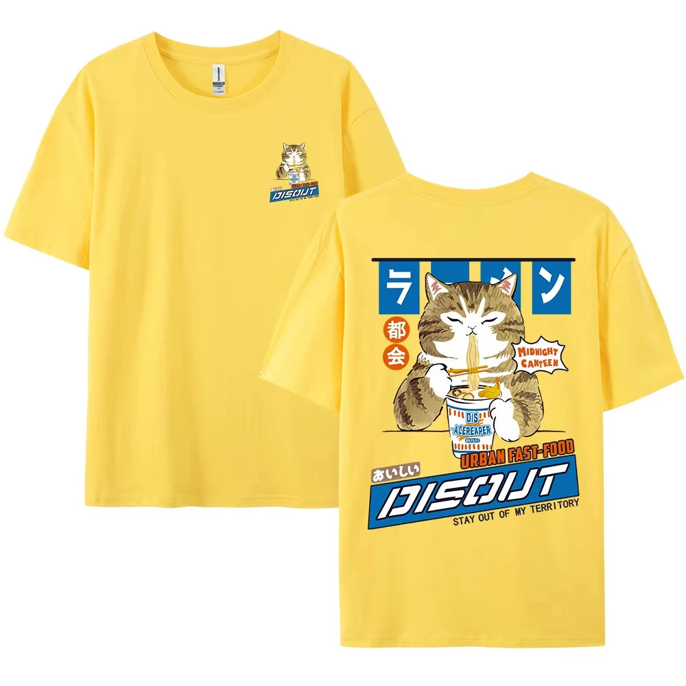 Harajuku Cat Cartoon Eating Noodles Graphic Men Women T - Shirts Casual Short Sleeve Tees Japan Style Oversized T Shirt Clothing