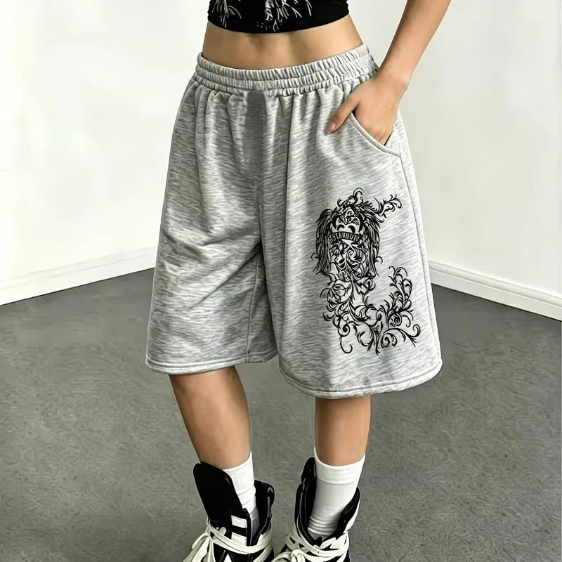 Trendy Light Gray Dark Print Medium Long Punk Style Casual Shorts for Summer, New Unisex Casual Shorts