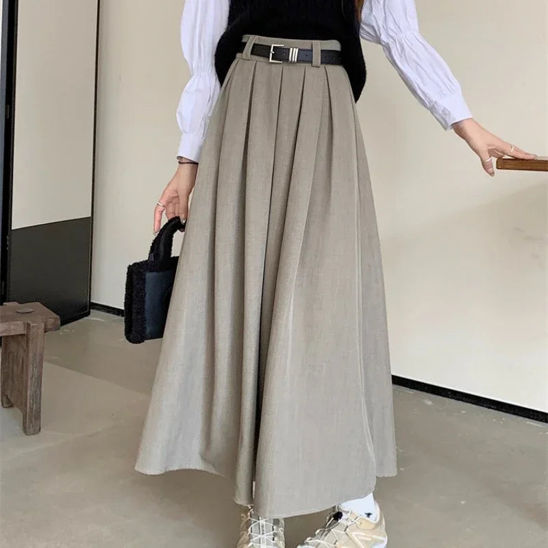 2026 New Korean Skirt Women Solid Color Versatile Mid-length Pleated Skirt Large Swing Type Skirt Female Long Skirts for Women