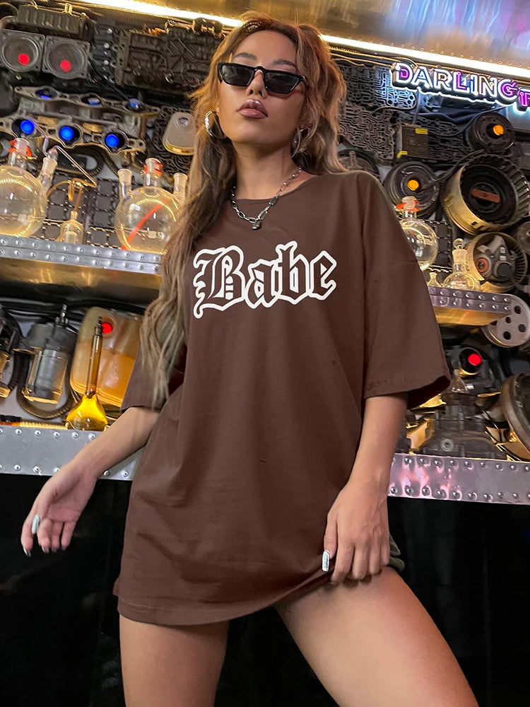 Babe Personality Street Font T-Shirts Women Loose Oversized T-Shirt High Quality Cotton Short Sleeve Summer Breathable Clothing