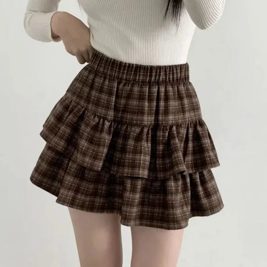 Japanese Y2k Cute Ruffled Plaid Skirt Subculture White Lace Cake Skirts Preppy Casual New Women Princess Puffy Skirts Mini Skirt