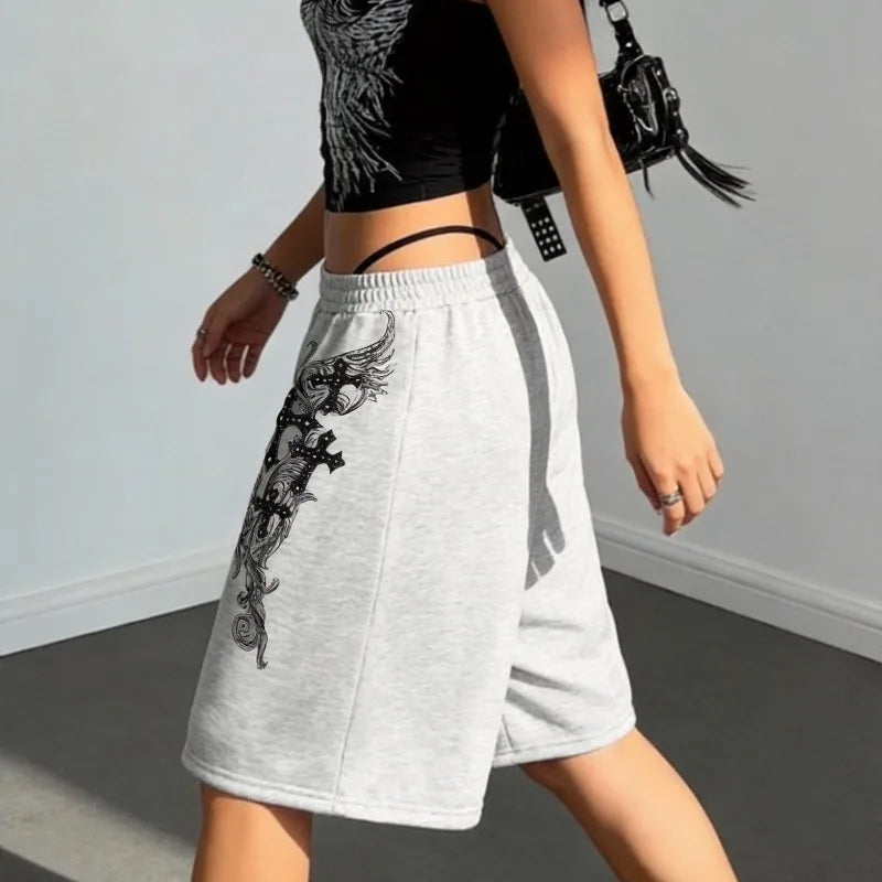 Dark Retro Pattern Printed Women's Casual and Fashionable Y2K Shorts, Unisex Casual Straight Leg Pants