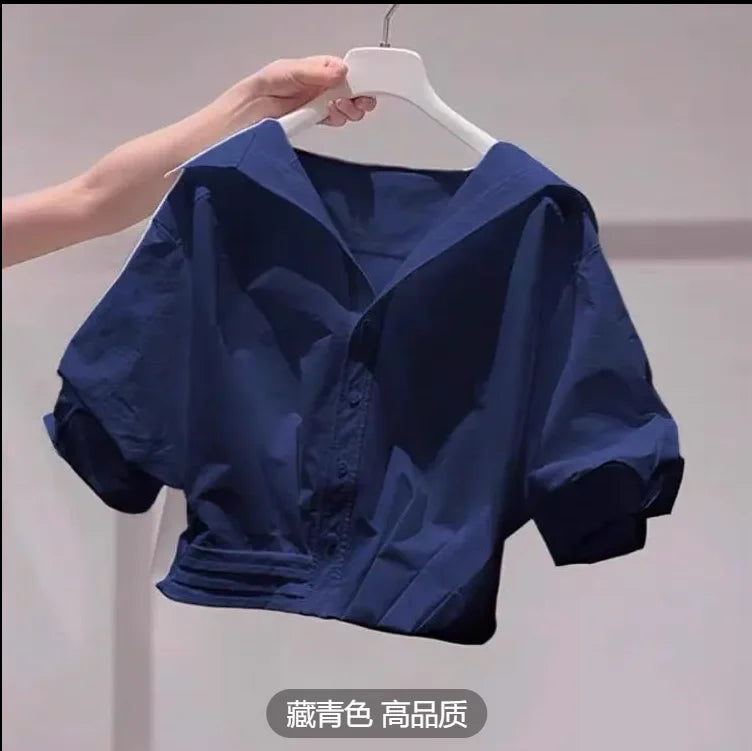Fanan 2026 Summer New Lapel Bubble Sleeve Shirt Women Loose Fit Cropped Top Female Blouse Shirt