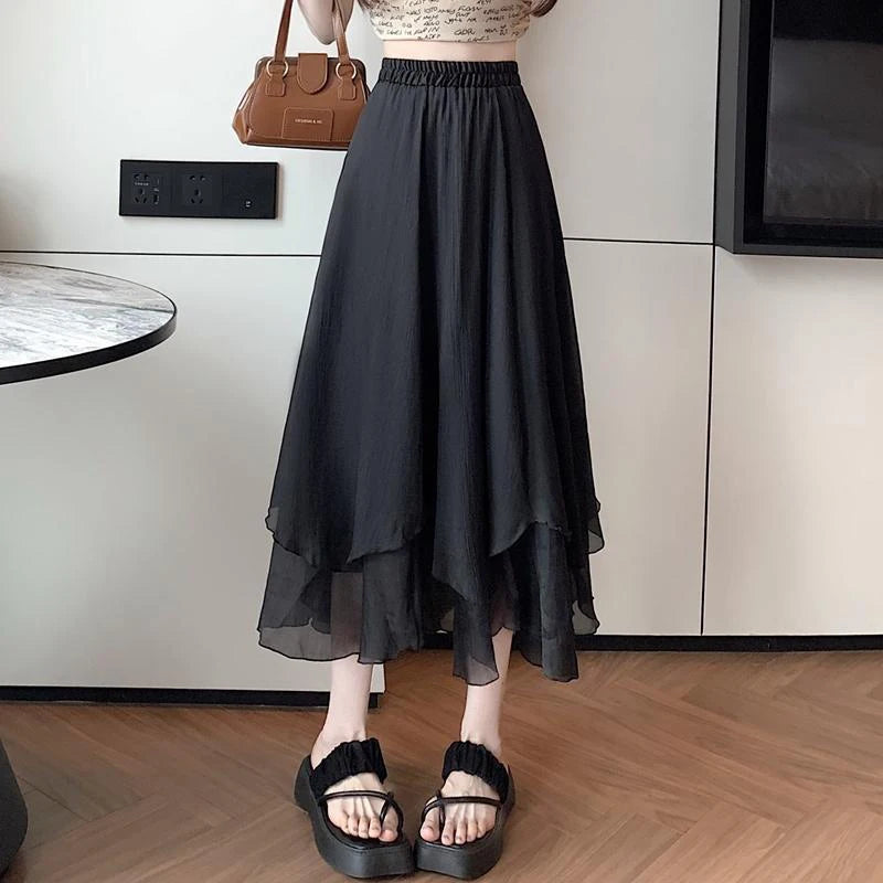 GIDYQ Summer Women Mesh Skirt Fashion Korean High Waist Loose Midi Skirt Y2K Elegant Female Casual All Match A Line Skirts New