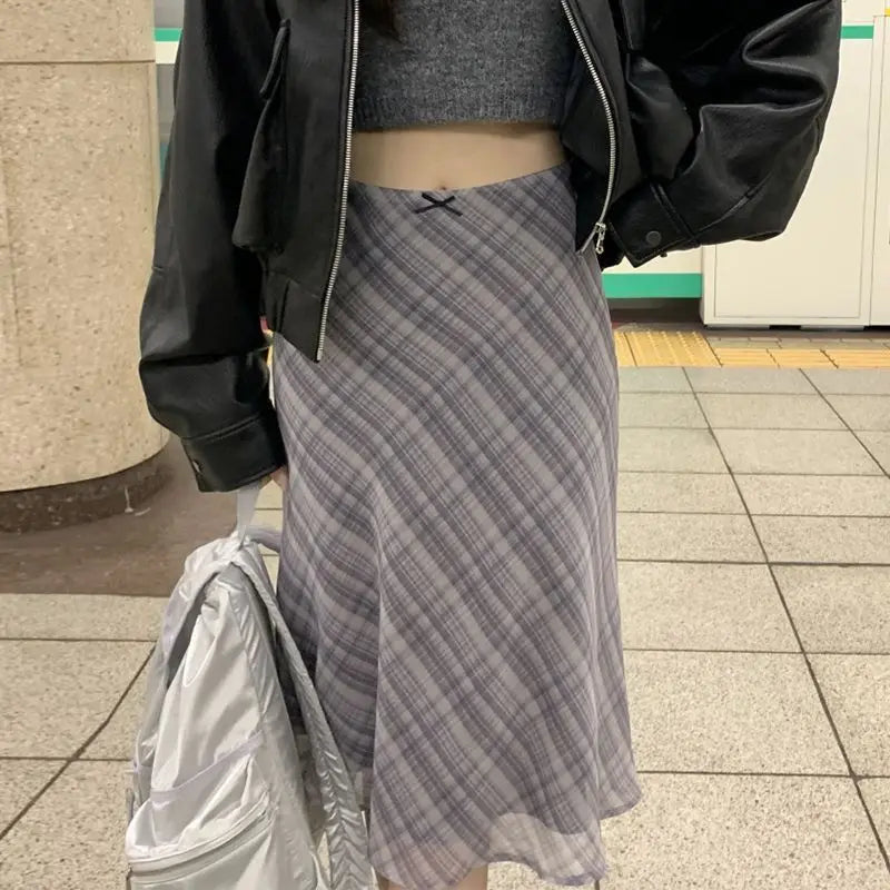 Skirts Women Summer Plaid Mermaid High Waist Vintage Mid Skirt Double Layers Elegant Sweet Skirt for Ladies Y2k Bottoms Clothes