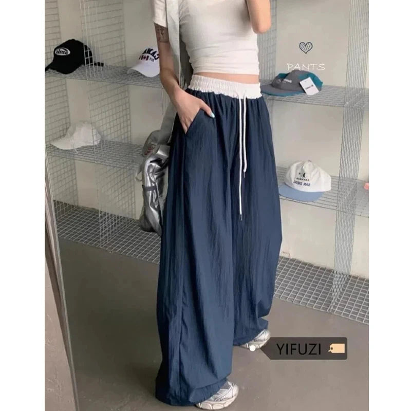 Chic Matching Loose Women's Wide Leg Pants Elastic Waist Drawstring Patchwork Straight Leg Pant Casual Streetwear New Sportswear