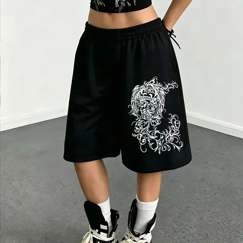 Trendy Light Gray Dark Print Medium Long Punk Style Casual Shorts for Summer, New Unisex Casual Shorts