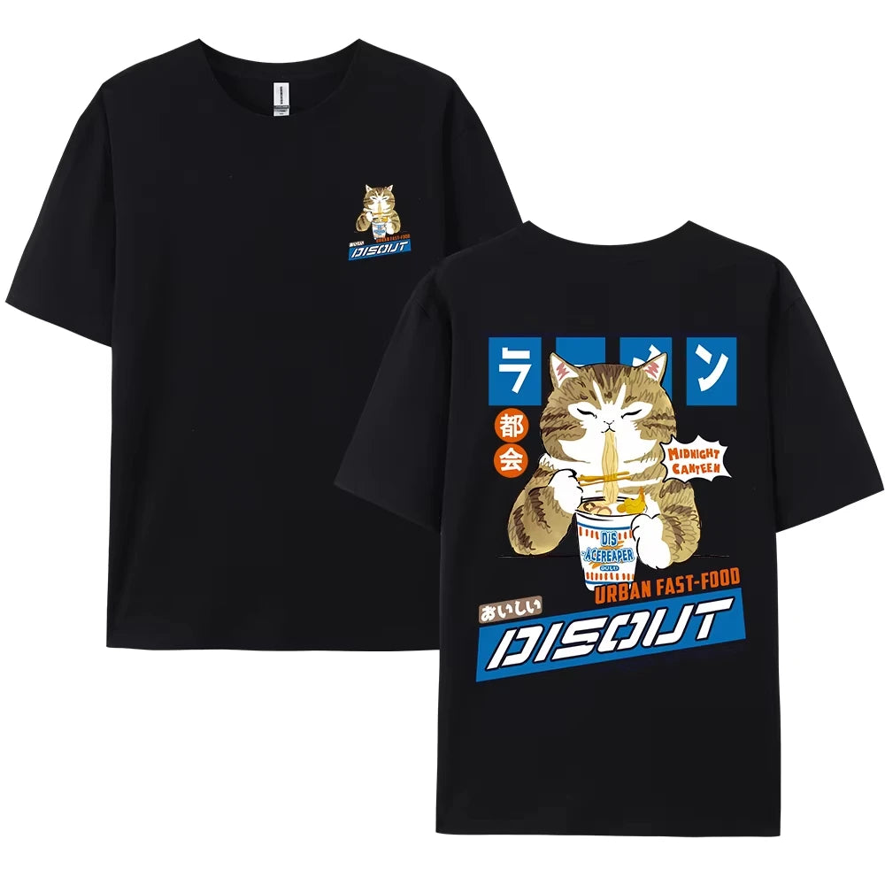 Harajuku Cat Cartoon Eating Noodles Graphic Men Women T - Shirts Casual Short Sleeve Tees Japan Style Oversized T Shirt Clothing