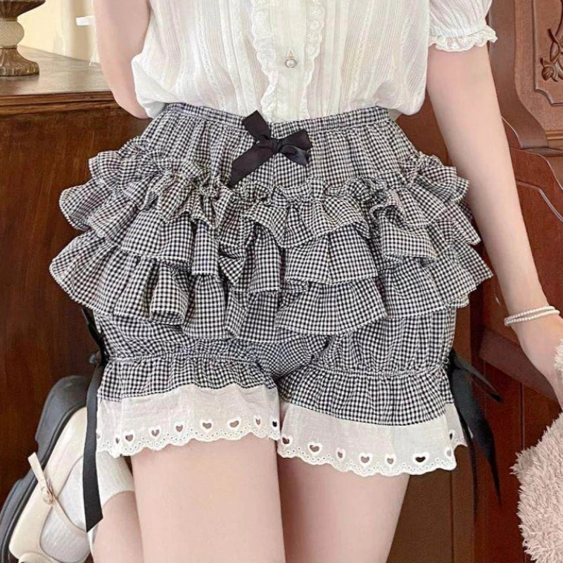 Gingham Bloomer Shorts Women Black White Plaid Pumpkin Shorts with Ribbon Bow Heart Eyelet Ruffle Skort Shorts Lolita Coquette