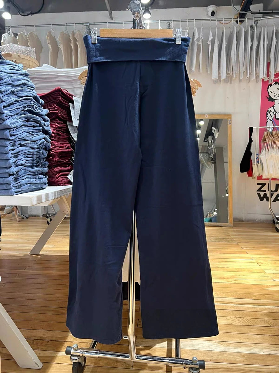 Mint Green Foldover Straight Pants Women Summer Low Waist Cotton Trousers Casual Sweet Girl Preppy Style New Sport Yoga Pants