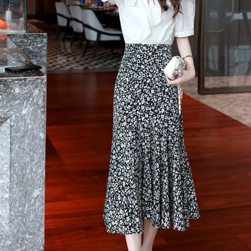Elegant Fragmented Chiffon Half-Length Skirt Women Temperament Shirring Ruffles Hem Maxi Skirts Office Versatile A-Line Skirts