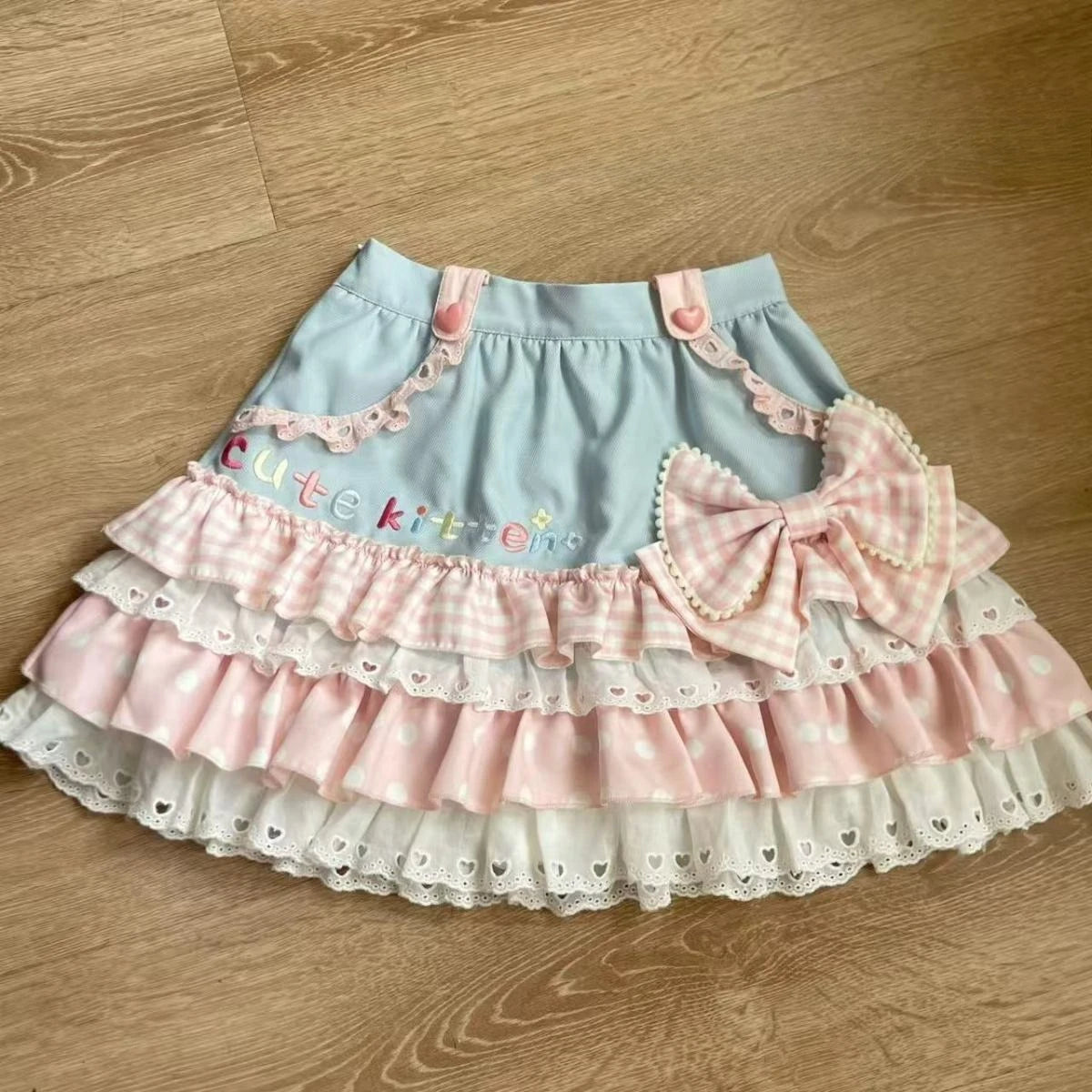 Japanese Sweet Lolita Tiered Mini Skirt Gingham Bow Lace Trim Blue Beige Harajuku Subculture Sweet Kawaii Party Outfit Sweetwear