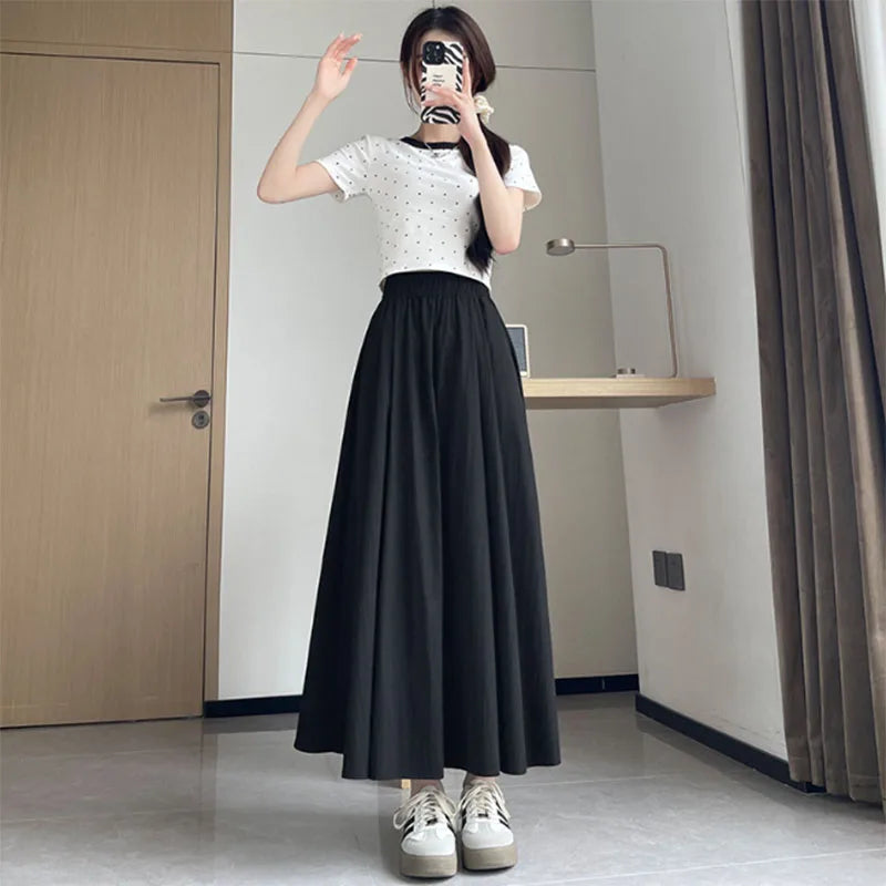Long Skirt for Women 2026 Summer Casual Elastic High Waist A-line Skirts Female Solid Color Versatile Loose Pockets Midi Skirts