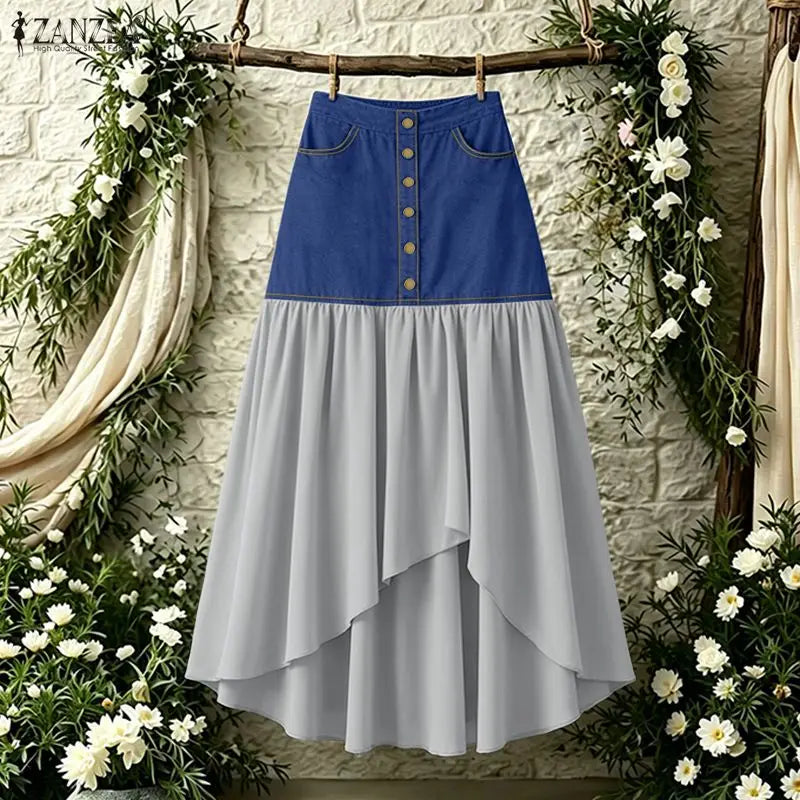 Stylish Women Patchwork Skirt ZANZEA Asymmetrical Overskirt Casual Elastic Waist Baggy Jupe OL Work Faldas Saia Maxi Long Skirt
